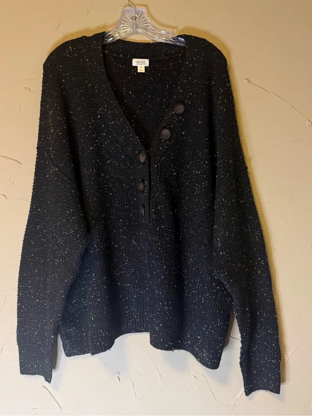 Black Speckled Chunky Knit Henley Sweater XXL Boho Chic Cozy Winter Pullover